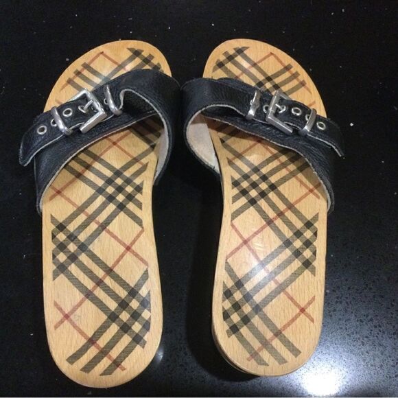 BURBERRY Black Leather Silver Buckle Wood Flip Flop Slide Sandal - Picture 4 of 6